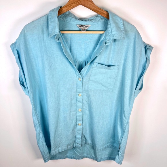 Orvis Tops - Orvis Classic Collection Light Blue Linen Blend Cap‎ Sleeve Button Down Shirt M